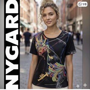 Peter Nygard Black Multicolor Mardi Gras Graphic Short Sleeve Blouse Size Medium